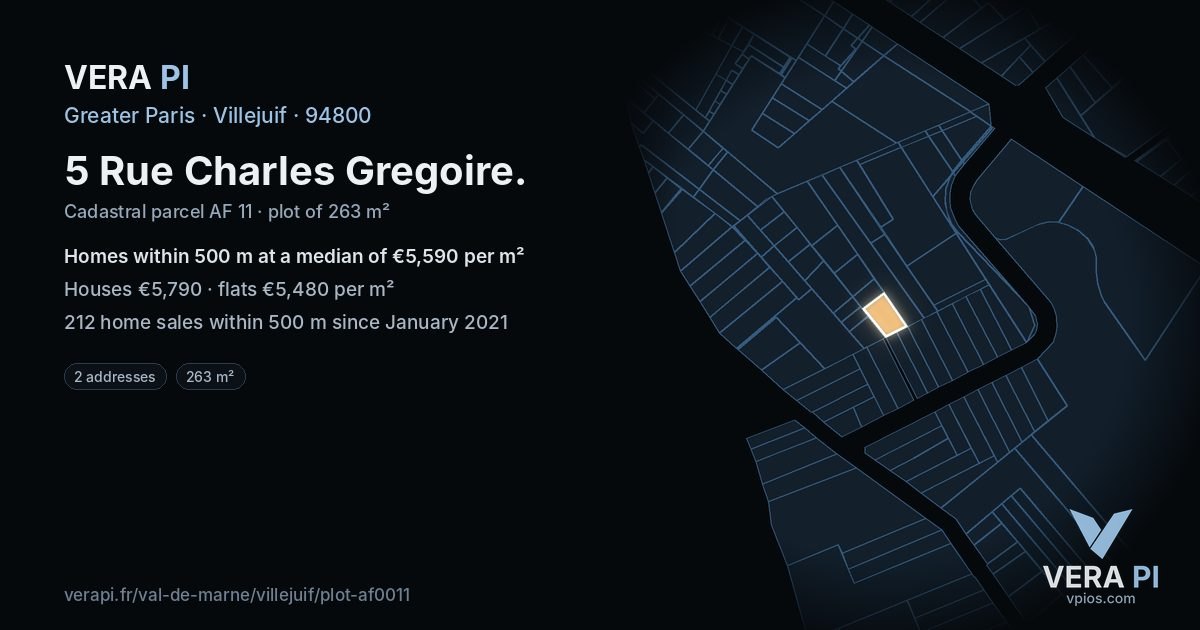 5 Rue Charles Gregoire, Villejuif at night – the plot lit, the parcels around coloured by the prices near them