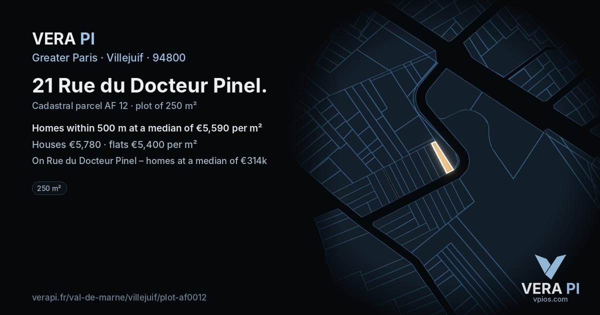 21 Rue du Docteur Pinel, Villejuif at night – the plot lit, the parcels around coloured by the prices near them