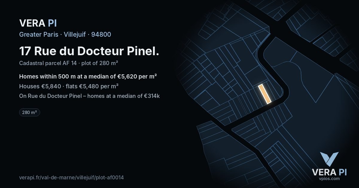 17 Rue du Docteur Pinel, Villejuif at night – the plot lit, the parcels around coloured by the prices near them