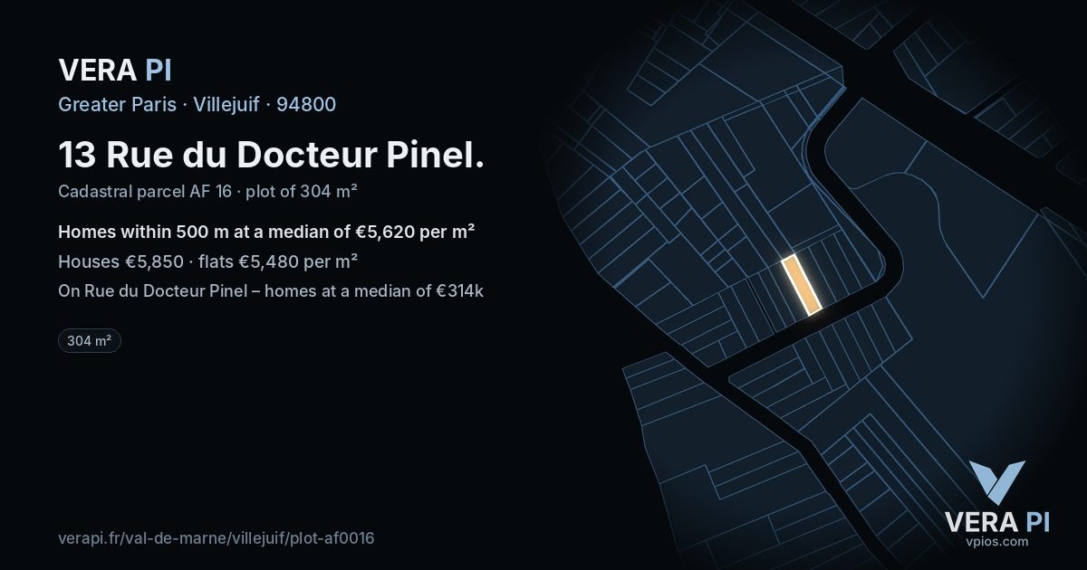 13 Rue du Docteur Pinel, Villejuif at night – the plot lit, the parcels around coloured by the prices near them