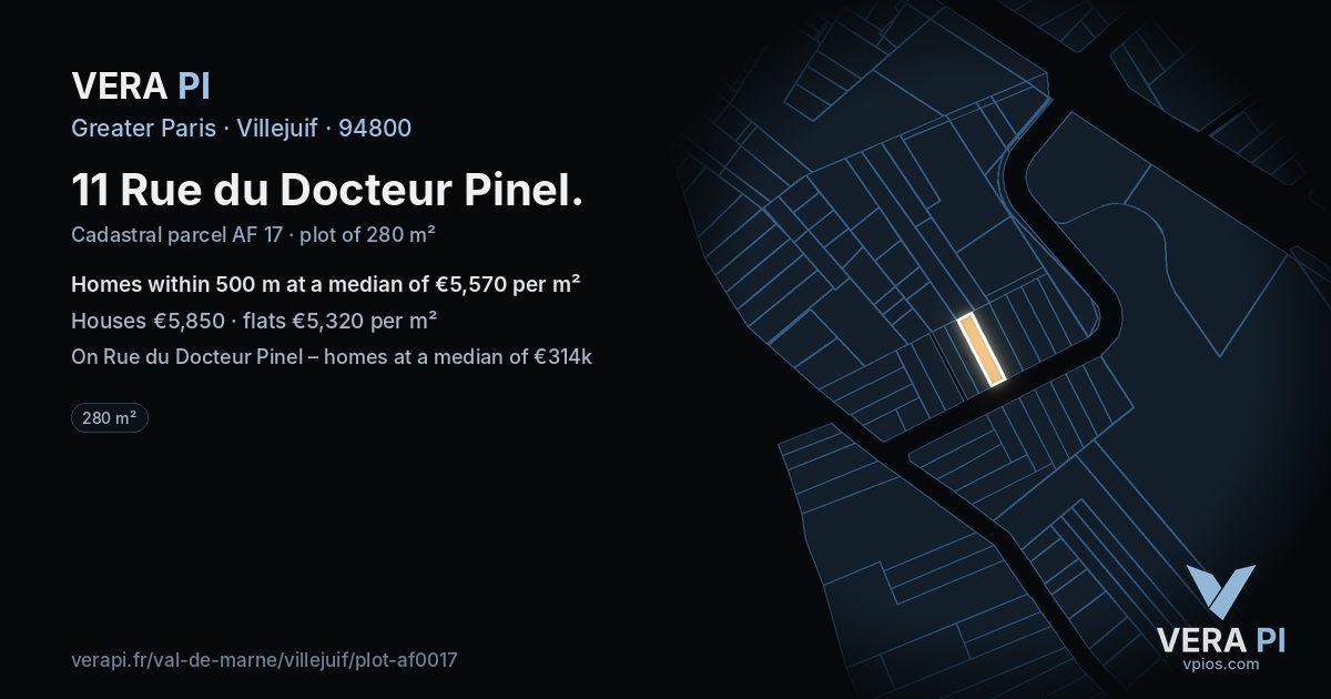 11 Rue du Docteur Pinel, Villejuif at night – the plot lit, the parcels around coloured by the prices near them