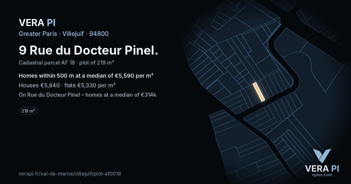 9 Rue du Docteur Pinel, Villejuif at night – the plot lit, the parcels around coloured by the prices near them
