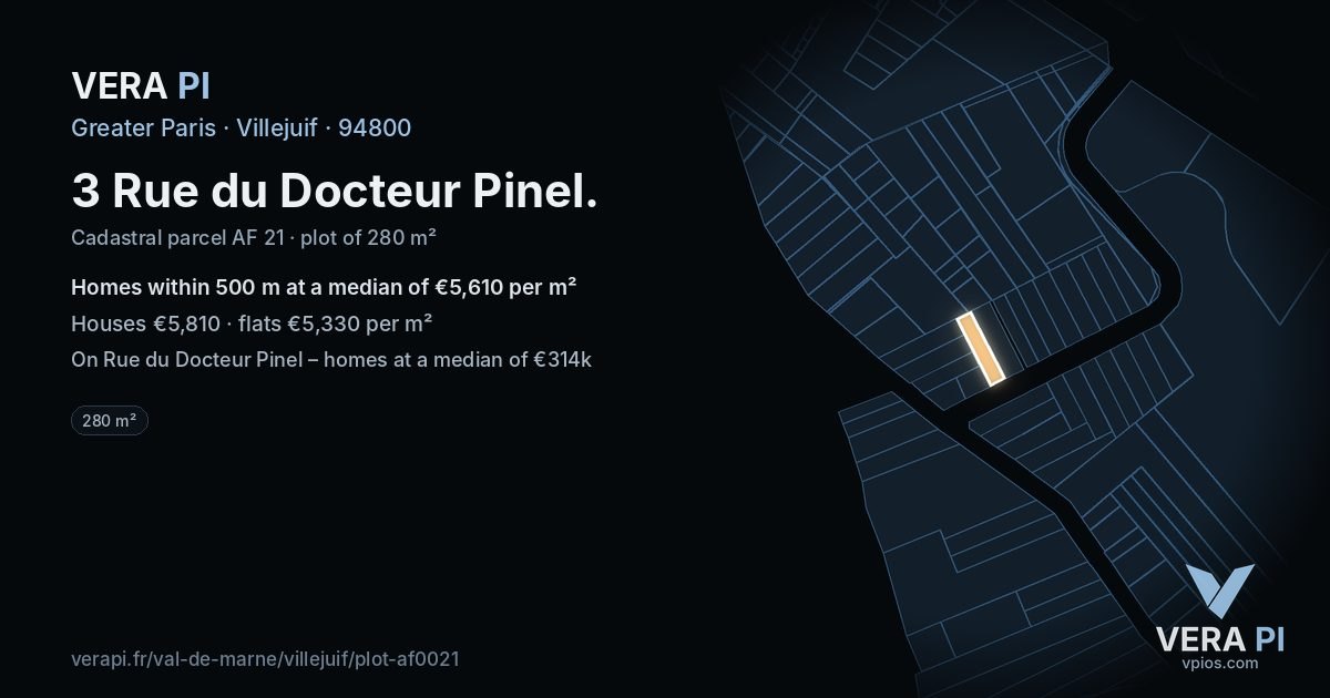 3 Rue du Docteur Pinel, Villejuif at night – the plot lit, the parcels around coloured by the prices near them