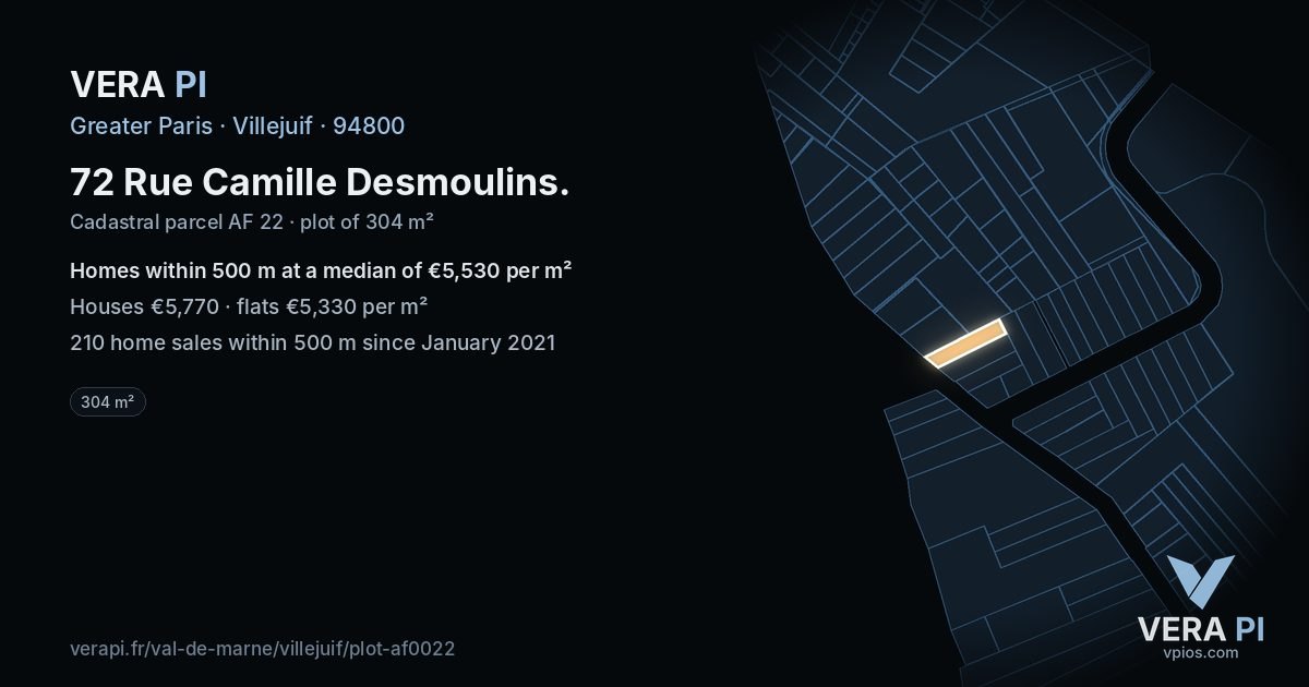 72 Rue Camille Desmoulins, Villejuif at night – the plot lit, the parcels around coloured by the prices near them