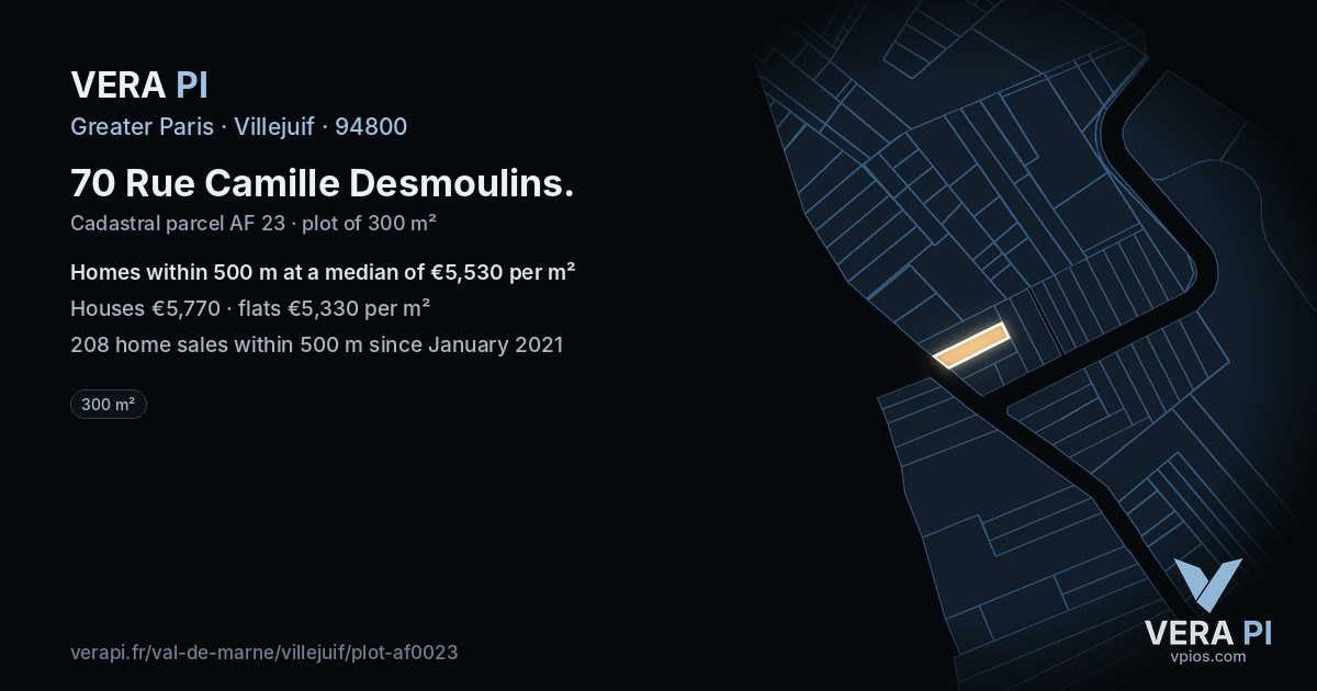 70 Rue Camille Desmoulins, Villejuif at night – the plot lit, the parcels around coloured by the prices near them