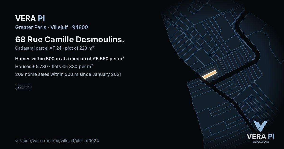 68 Rue Camille Desmoulins, Villejuif at night – the plot lit, the parcels around coloured by the prices near them