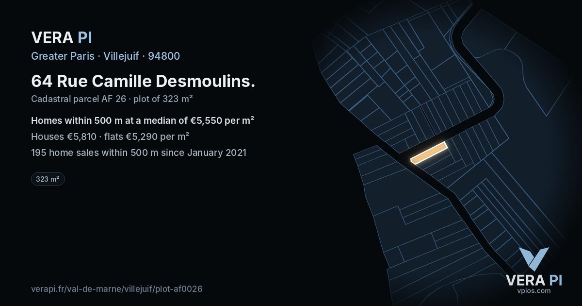 64 Rue Camille Desmoulins, Villejuif at night – the plot lit, the parcels around coloured by the prices near them