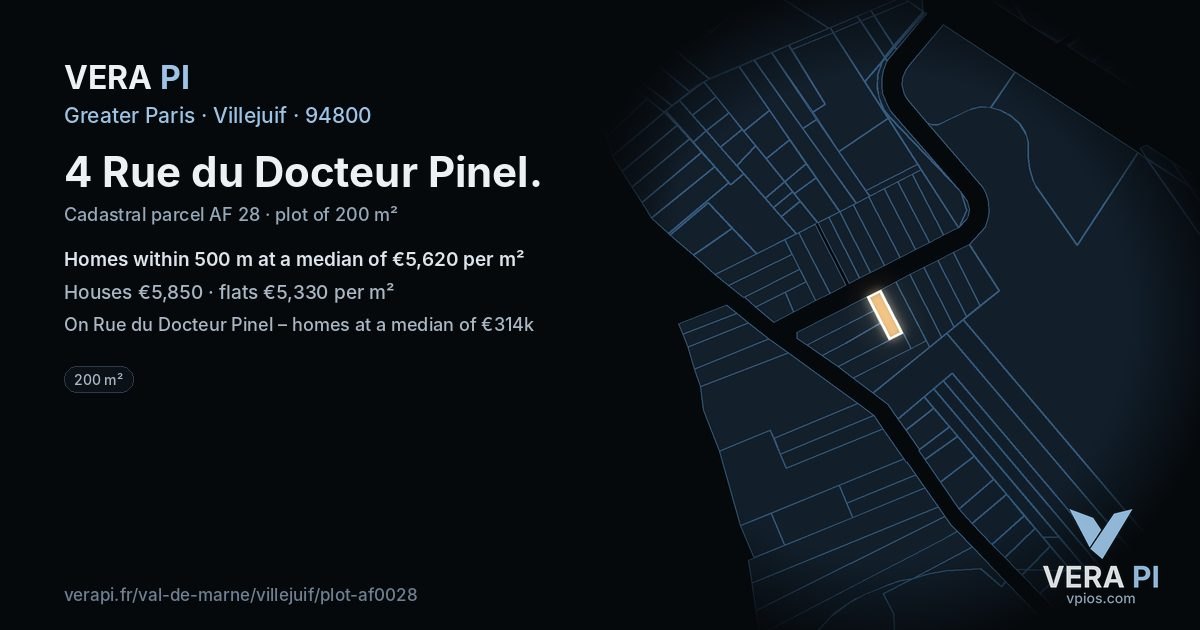 4 Rue du Docteur Pinel, Villejuif at night – the plot lit, the parcels around coloured by the prices near them