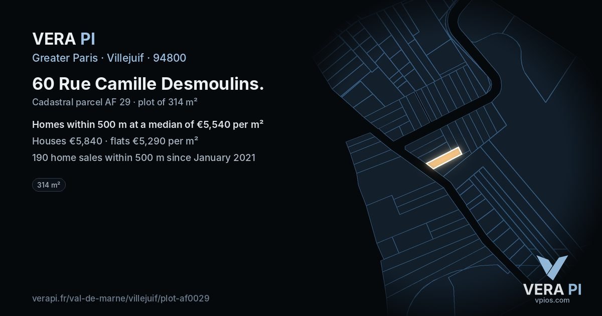 60 Rue Camille Desmoulins, Villejuif at night – the plot lit, the parcels around coloured by the prices near them