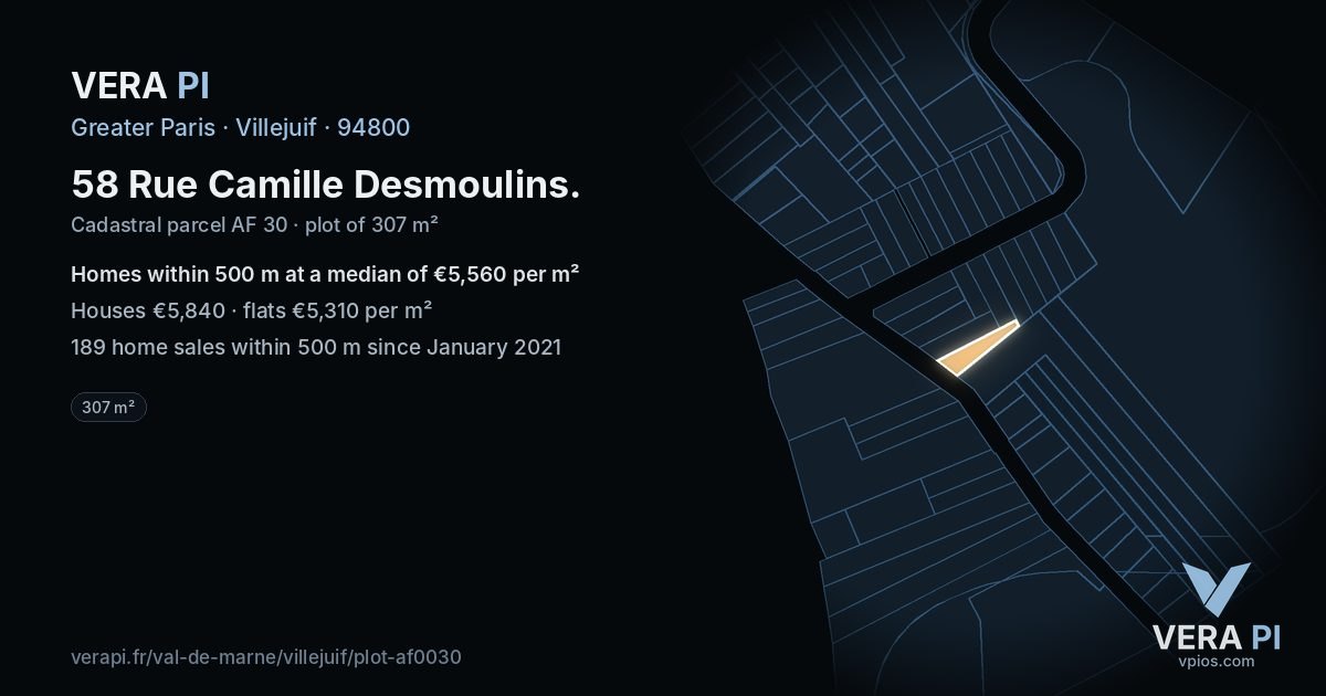 58 Rue Camille Desmoulins, Villejuif at night – the plot lit, the parcels around coloured by the prices near them