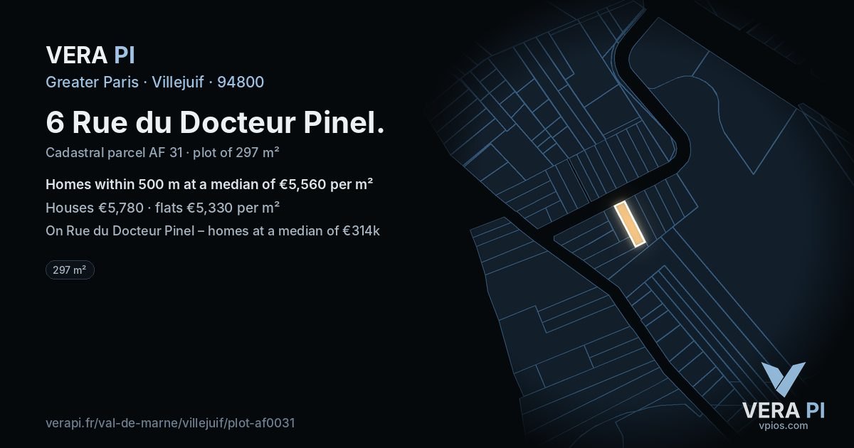 6 Rue du Docteur Pinel, Villejuif at night – the plot lit, the parcels around coloured by the prices near them
