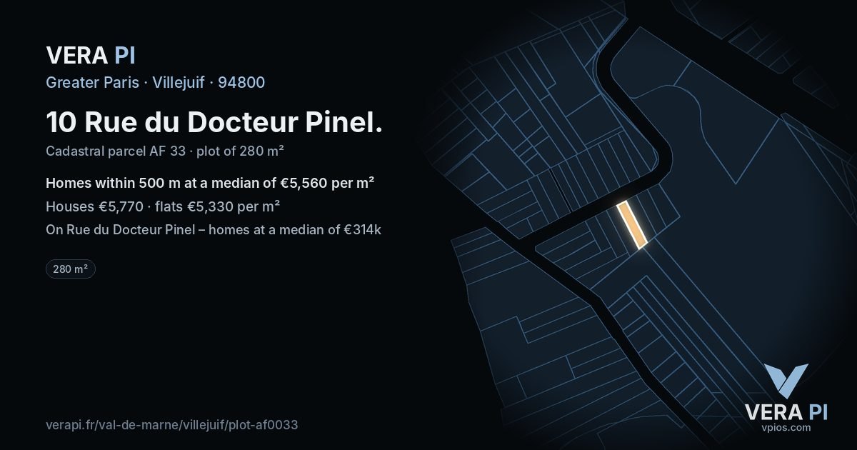 10 Rue du Docteur Pinel, Villejuif at night – the plot lit, the parcels around coloured by the prices near them