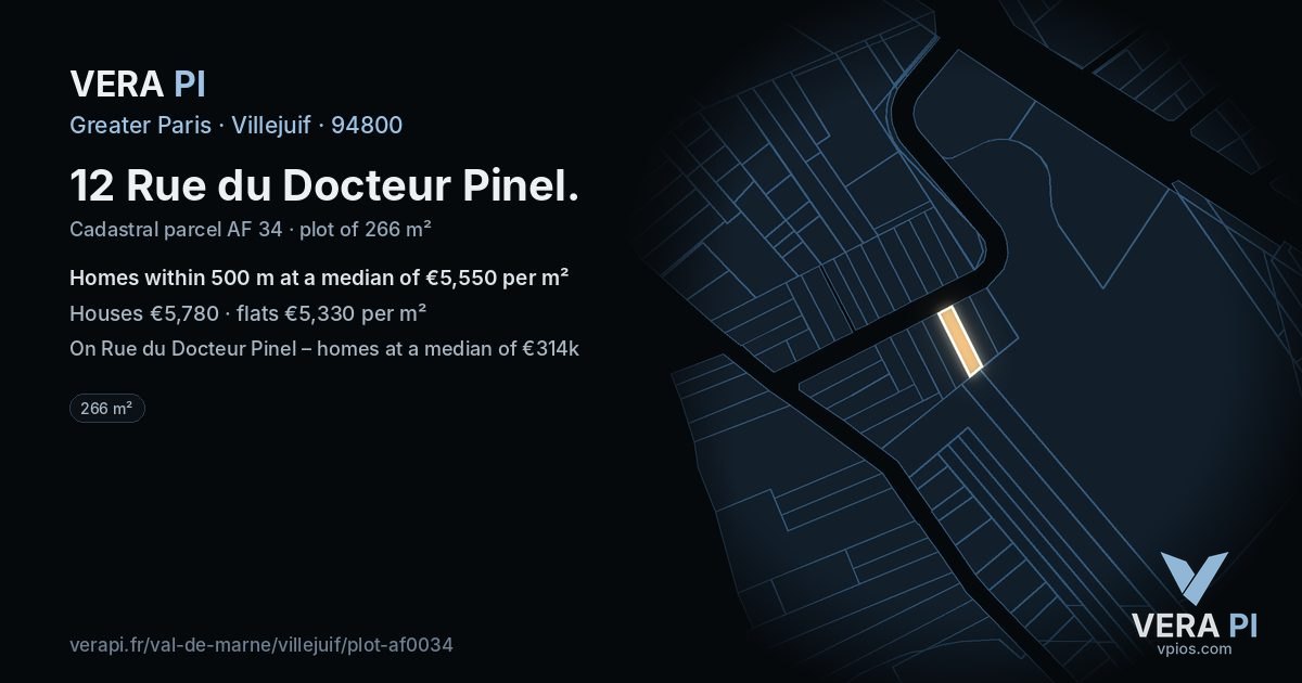 12 Rue du Docteur Pinel, Villejuif at night – the plot lit, the parcels around coloured by the prices near them