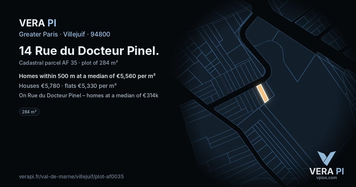 14 Rue du Docteur Pinel, Villejuif at night – the plot lit, the parcels around coloured by the prices near them