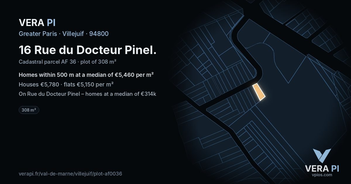 16 Rue du Docteur Pinel, Villejuif at night – the plot lit, the parcels around coloured by the prices near them