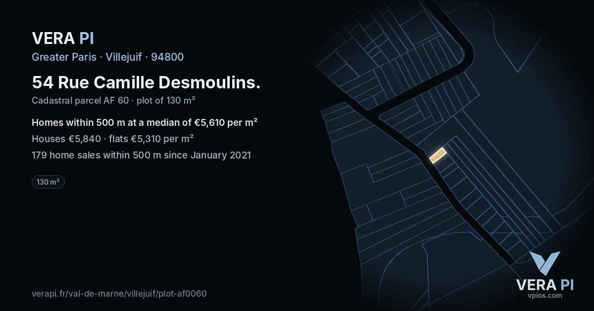 54 Rue Camille Desmoulins, Villejuif at night – the plot lit, the parcels around coloured by the prices near them