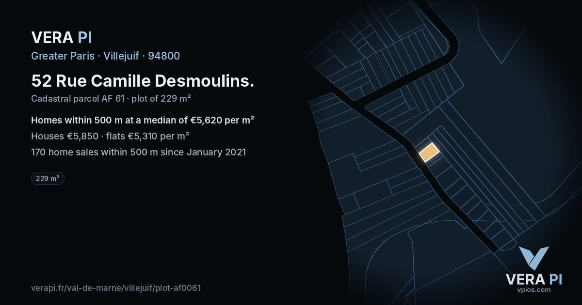 52 Rue Camille Desmoulins, Villejuif at night – the plot lit, the parcels around coloured by the prices near them