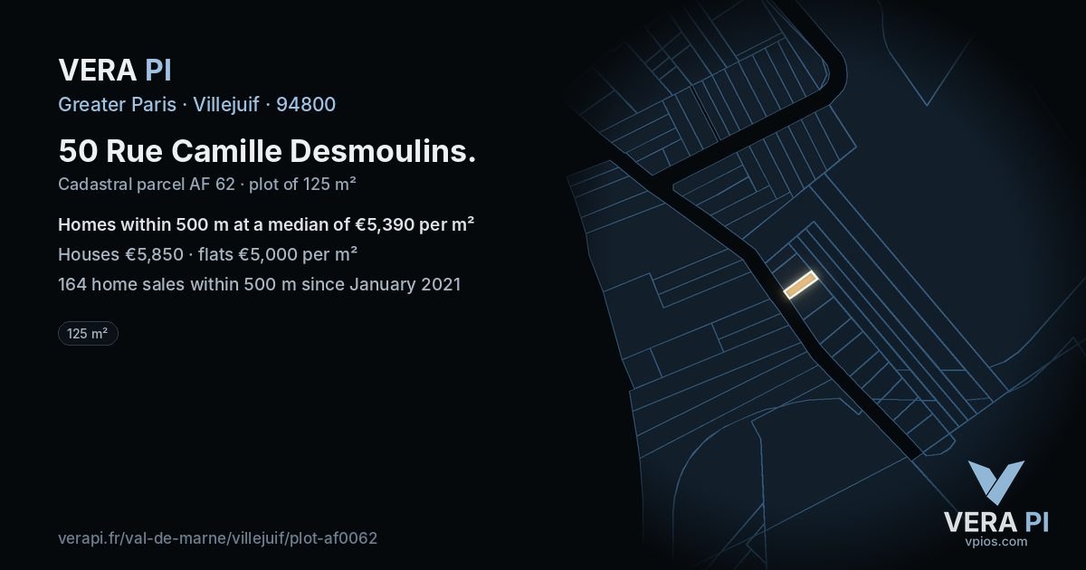 50 Rue Camille Desmoulins, Villejuif at night – the plot lit, the parcels around coloured by the prices near them