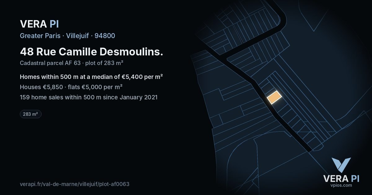 48 Rue Camille Desmoulins, Villejuif at night – the plot lit, the parcels around coloured by the prices near them