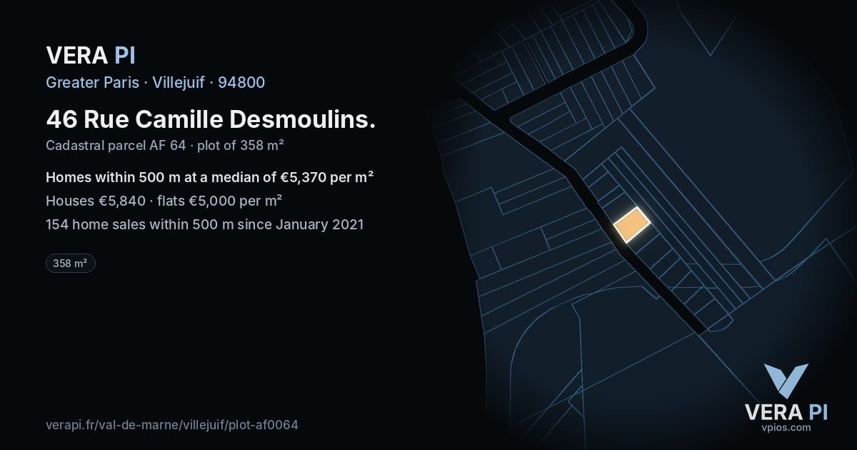 46 Rue Camille Desmoulins, Villejuif at night – the plot lit, the parcels around coloured by the prices near them