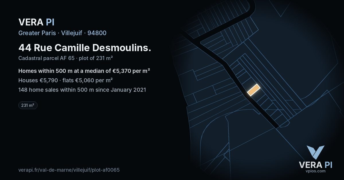44 Rue Camille Desmoulins, Villejuif at night – the plot lit, the parcels around coloured by the prices near them