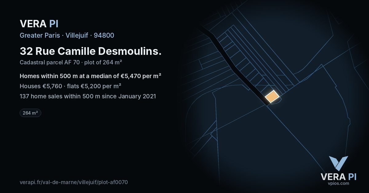 32 Rue Camille Desmoulins, Villejuif at night – the plot lit, the parcels around coloured by the prices near them