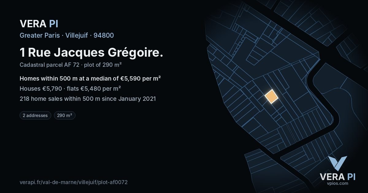 1 Rue Jacques Grégoire, Villejuif at night – the plot lit, the parcels around coloured by the prices near them