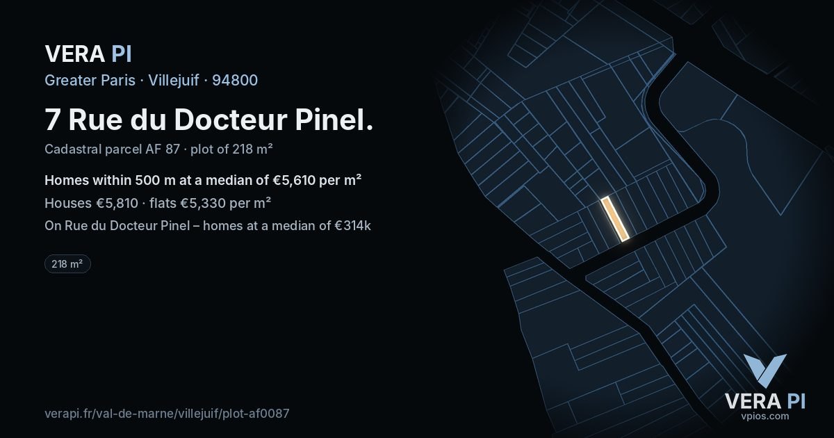 7 Rue du Docteur Pinel, Villejuif at night – the plot lit, the parcels around coloured by the prices near them