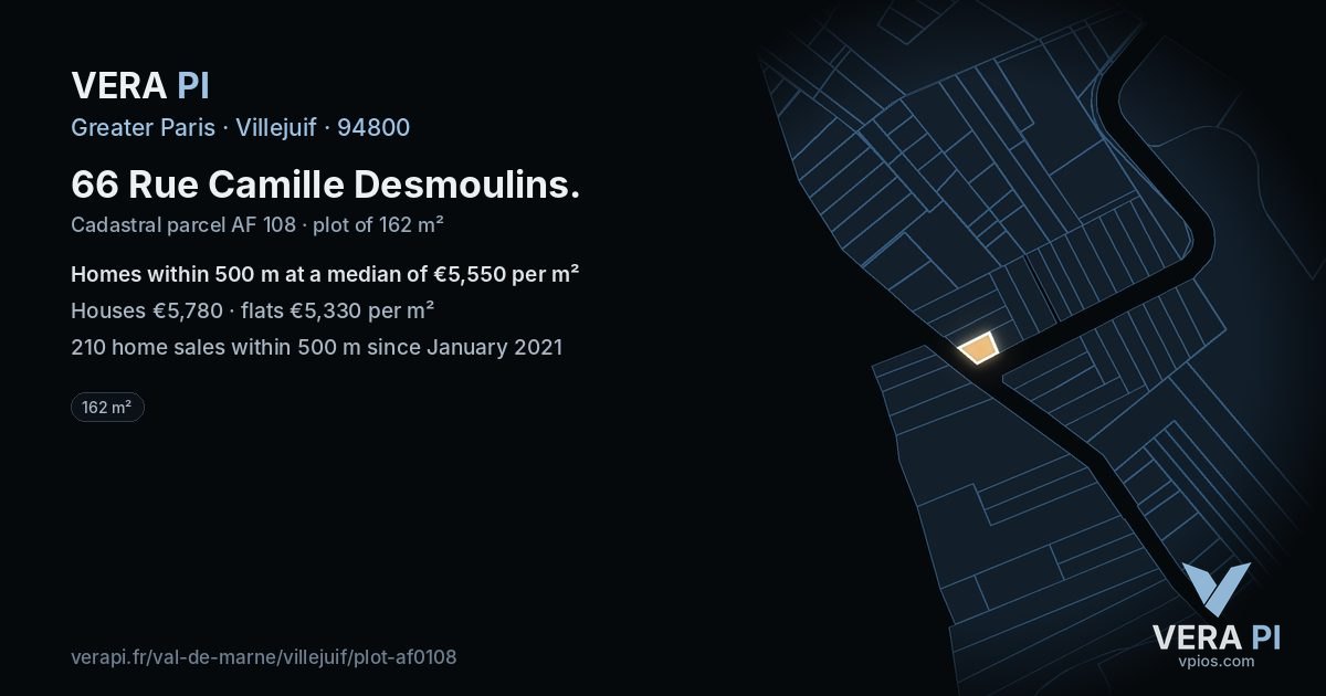 66 Rue Camille Desmoulins, Villejuif at night – the plot lit, the parcels around coloured by the prices near them