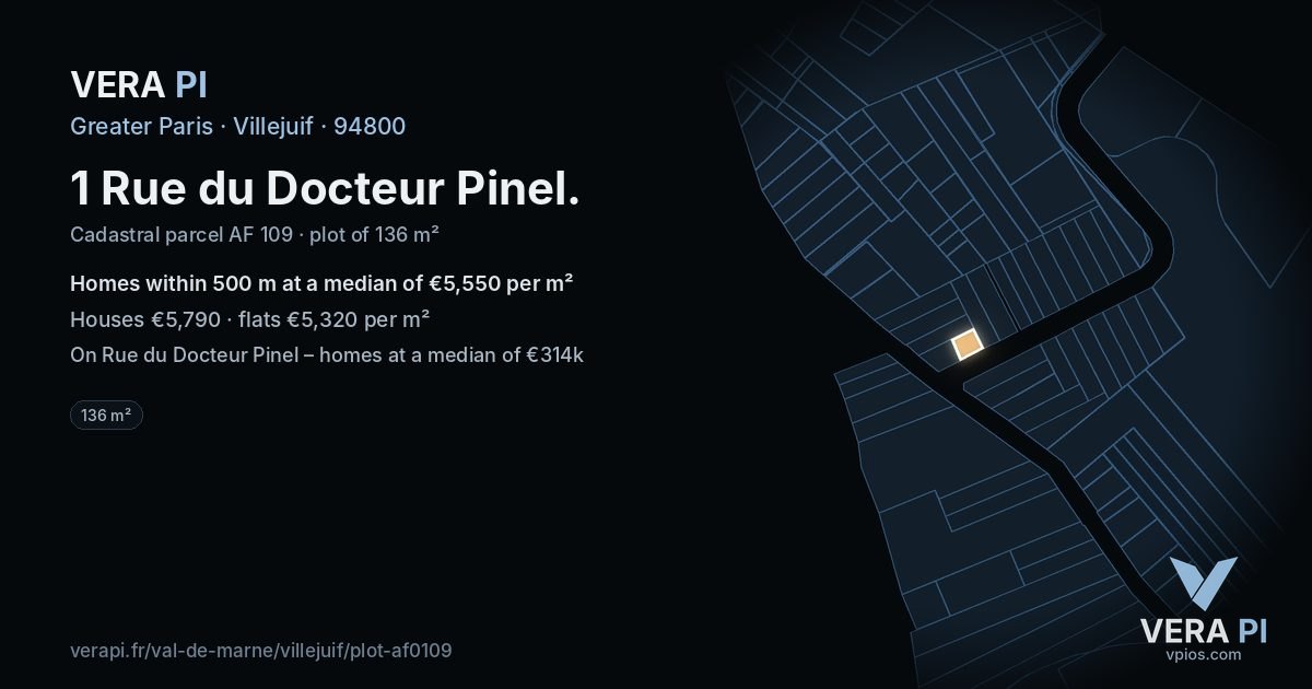 1 Rue du Docteur Pinel, Villejuif at night – the plot lit, the parcels around coloured by the prices near them