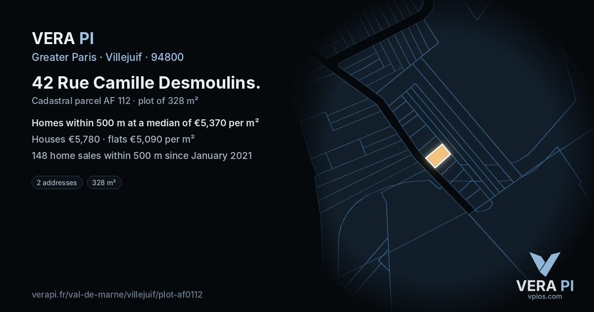 42 Rue Camille Desmoulins, Villejuif at night – the plot lit, the parcels around coloured by the prices near them