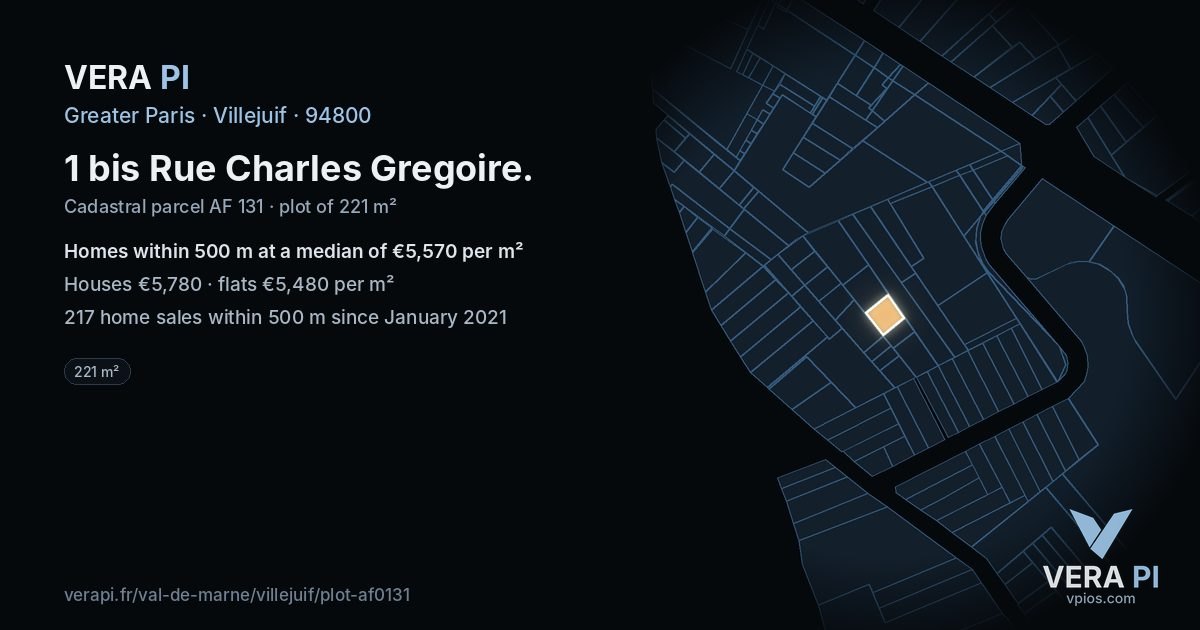 1 bis Rue Charles Gregoire, Villejuif at night – the plot lit, the parcels around coloured by the prices near them