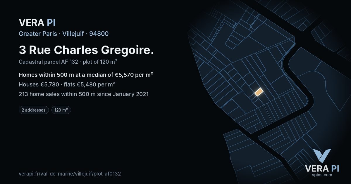 3 Rue Charles Gregoire, Villejuif at night – the plot lit, the parcels around coloured by the prices near them