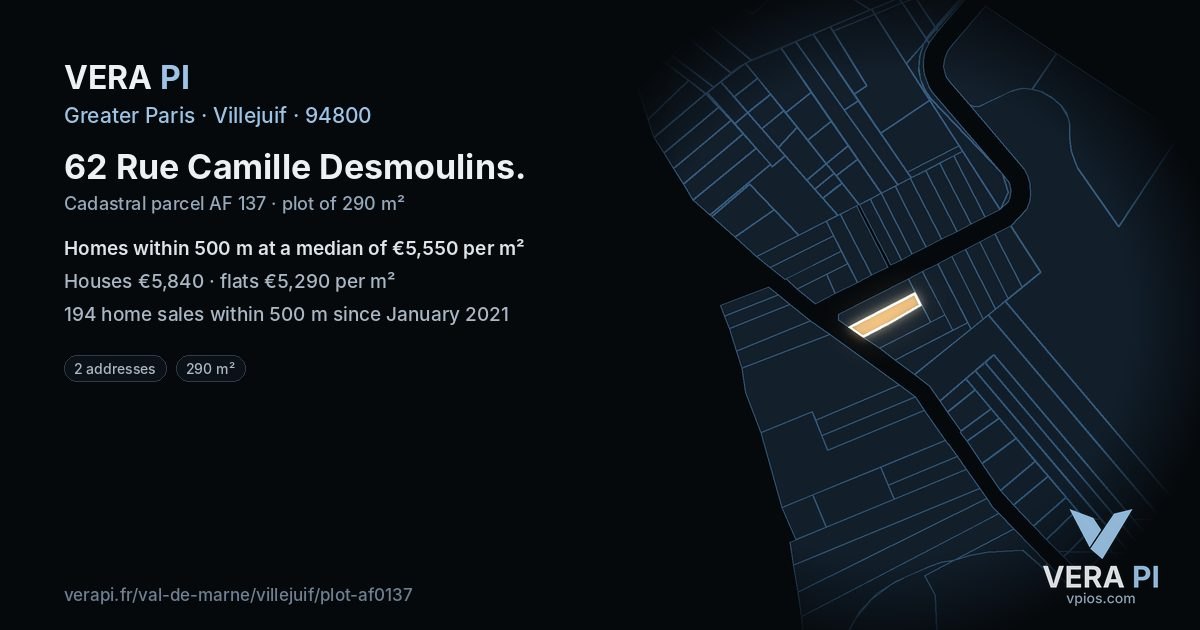 62 Rue Camille Desmoulins, Villejuif at night – the plot lit, the parcels around coloured by the prices near them