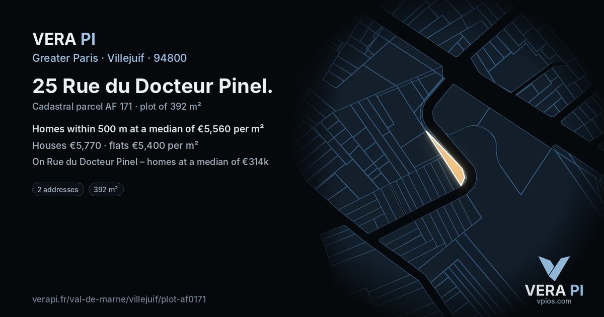 25 Rue du Docteur Pinel, Villejuif at night – the plot lit, the parcels around coloured by the prices near them