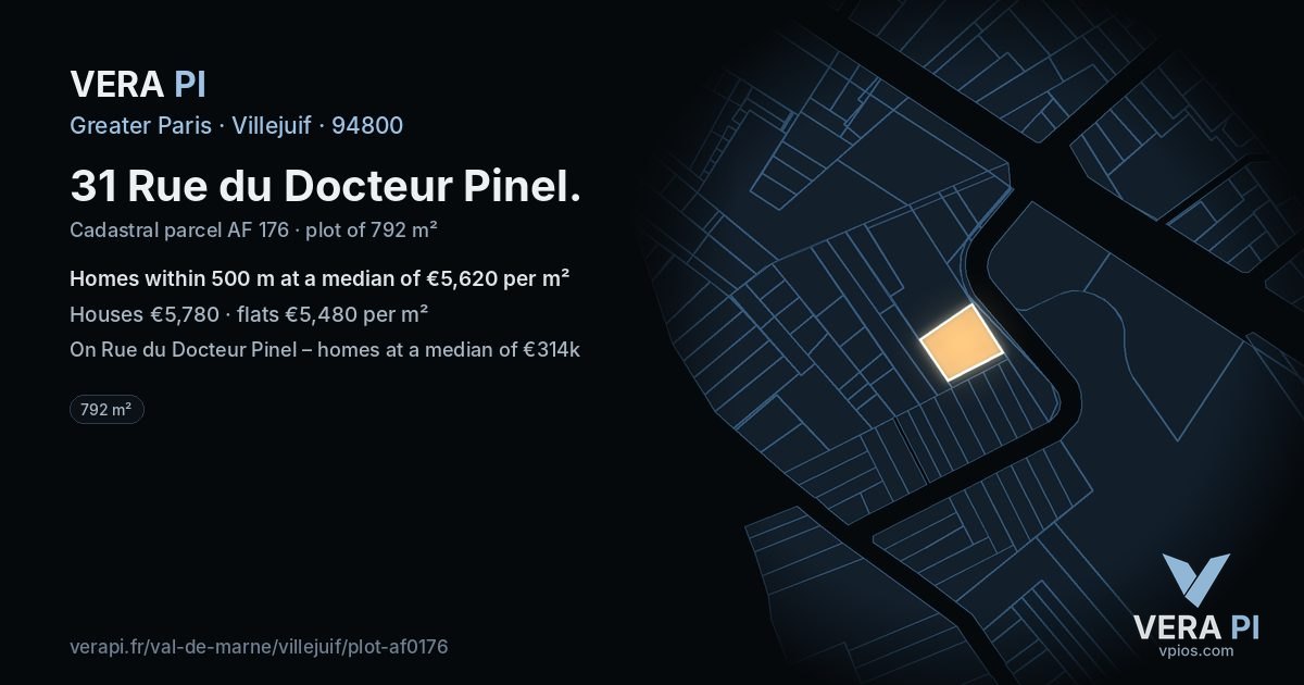 31 Rue du Docteur Pinel, Villejuif at night – the plot lit, the parcels around coloured by the prices near them
