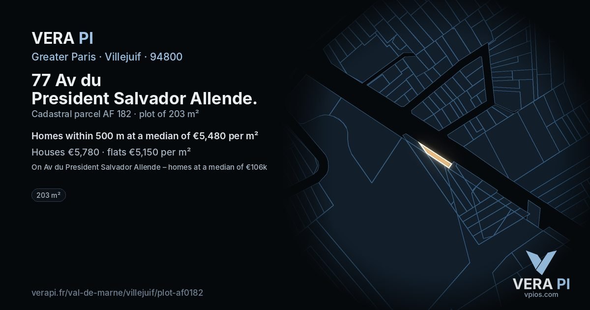 77 Av du President Salvador Allende, Villejuif at night – the plot lit, the parcels around coloured by the prices near them