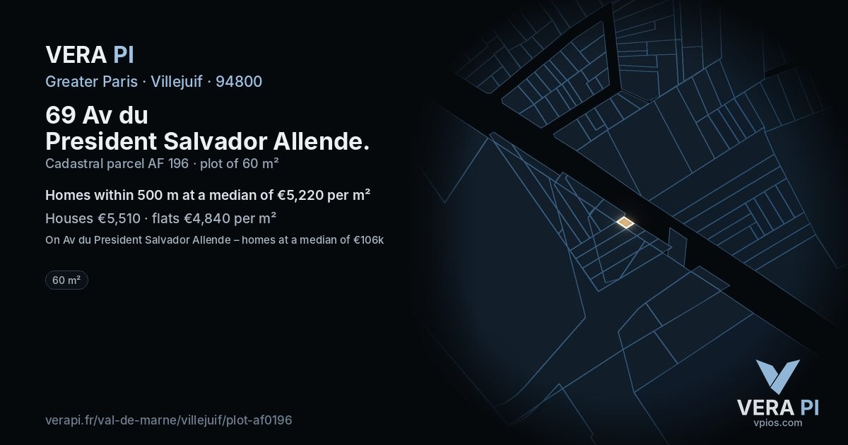 69 Av du President Salvador Allende, Villejuif at night – the plot lit, the parcels around coloured by the prices near them