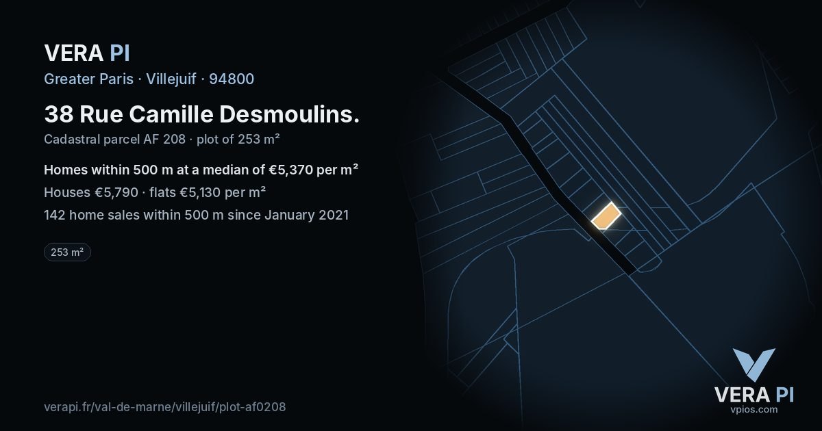 38 Rue Camille Desmoulins, Villejuif at night – the plot lit, the parcels around coloured by the prices near them