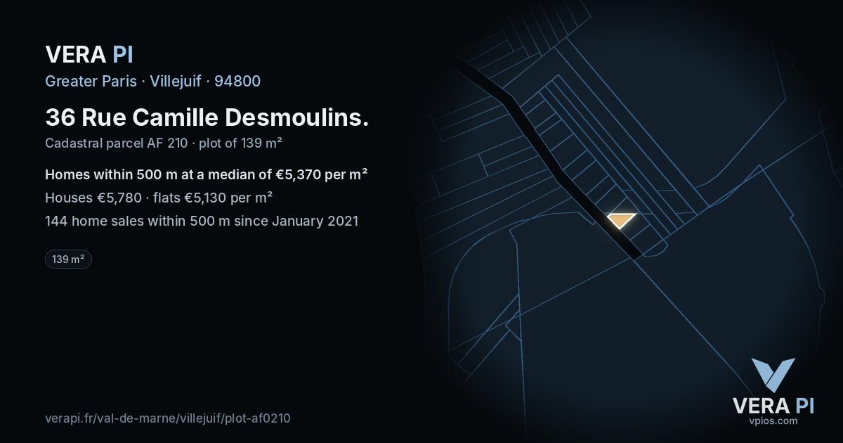36 Rue Camille Desmoulins, Villejuif at night – the plot lit, the parcels around coloured by the prices near them