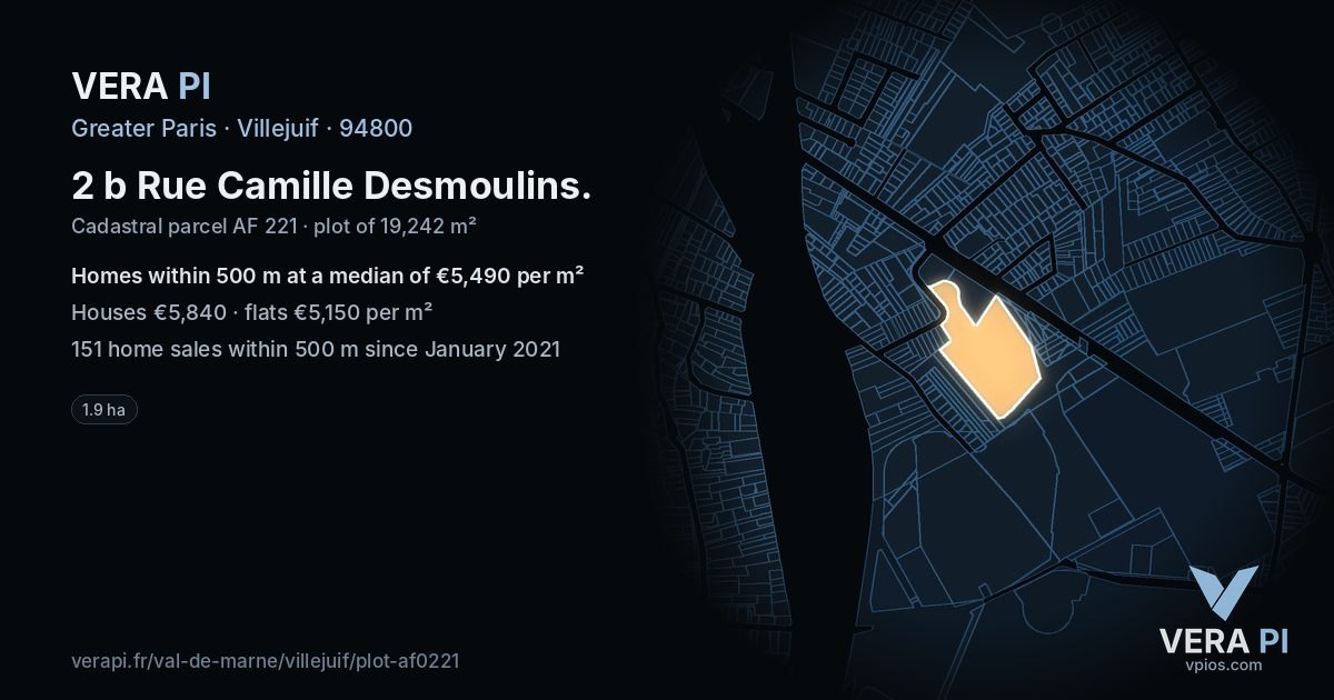 2 b Rue Camille Desmoulins, Villejuif at night – the plot lit, the parcels around coloured by the prices near them