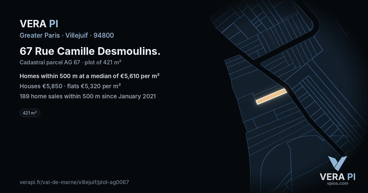 67 Rue Camille Desmoulins, Villejuif at night – the plot lit, the parcels around coloured by the prices near them