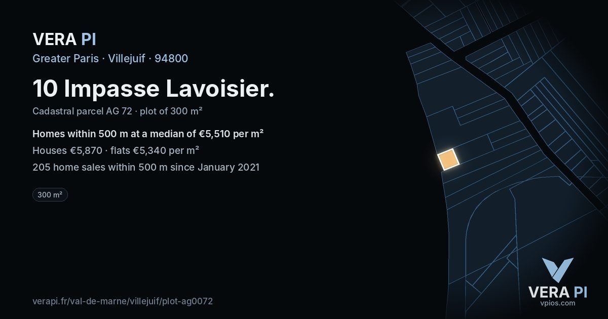 10 Impasse Lavoisier, Villejuif at night – the plot lit, the parcels around coloured by the prices near them