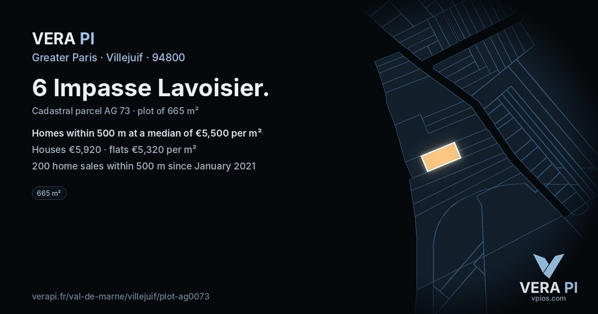 6 Impasse Lavoisier, Villejuif at night – the plot lit, the parcels around coloured by the prices near them