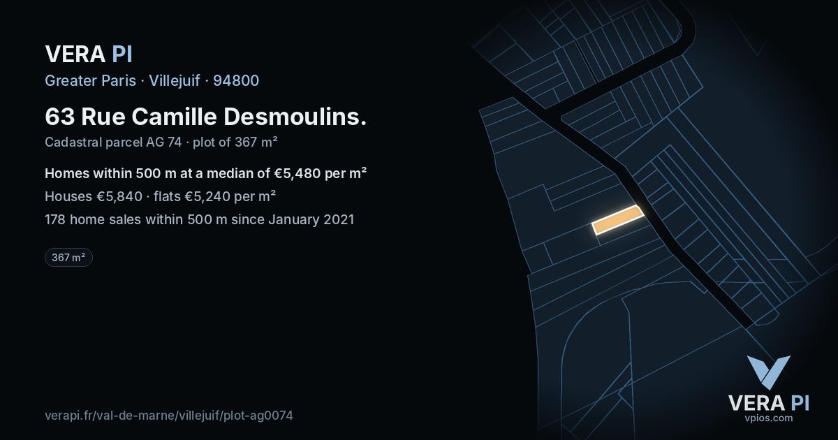 63 Rue Camille Desmoulins, Villejuif at night – the plot lit, the parcels around coloured by the prices near them
