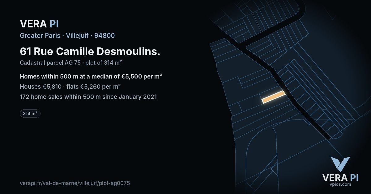 61 Rue Camille Desmoulins, Villejuif at night – the plot lit, the parcels around coloured by the prices near them