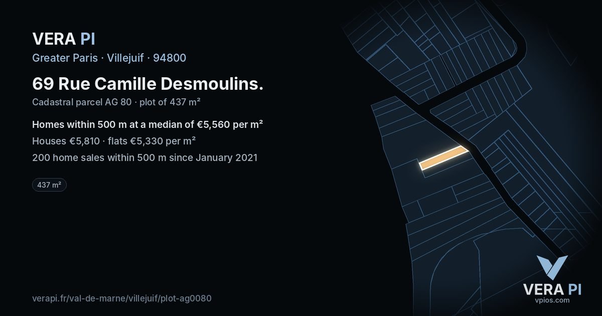69 Rue Camille Desmoulins, Villejuif at night – the plot lit, the parcels around coloured by the prices near them
