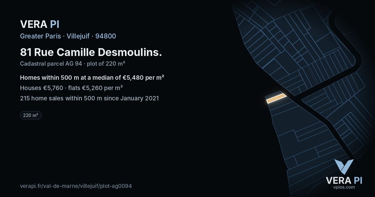 81 Rue Camille Desmoulins, Villejuif at night – the plot lit, the parcels around coloured by the prices near them
