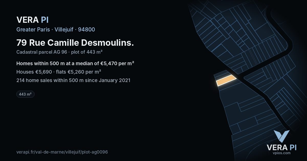 79 Rue Camille Desmoulins, Villejuif at night – the plot lit, the parcels around coloured by the prices near them