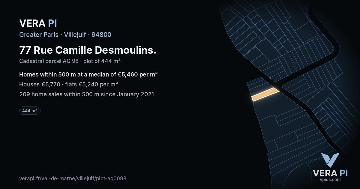 77 Rue Camille Desmoulins, Villejuif at night – the plot lit, the parcels around coloured by the prices near them